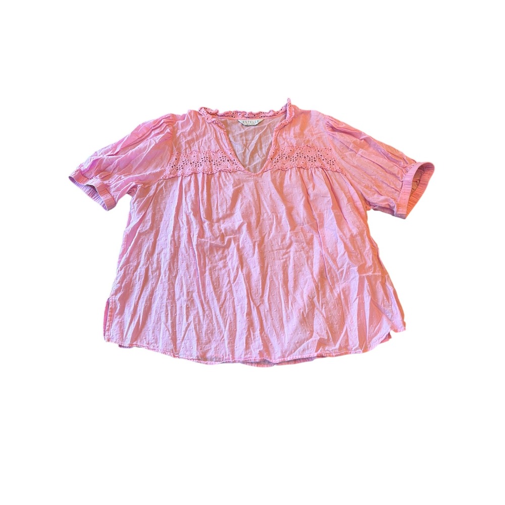 Estelle Blouse Pink Swiss Dot Eyelet Lace V-Neck Boho Puff Sleeve Top USA 2X